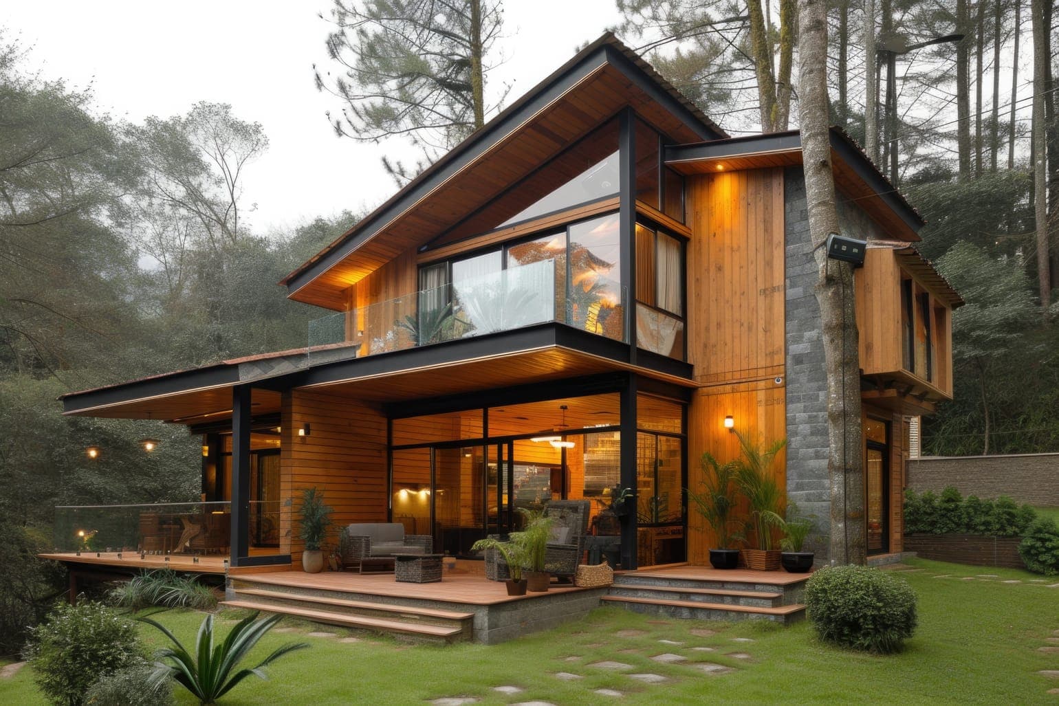 Two-storey timber house with large glass walls and a deck, lit warmly among pine trees at dusk.