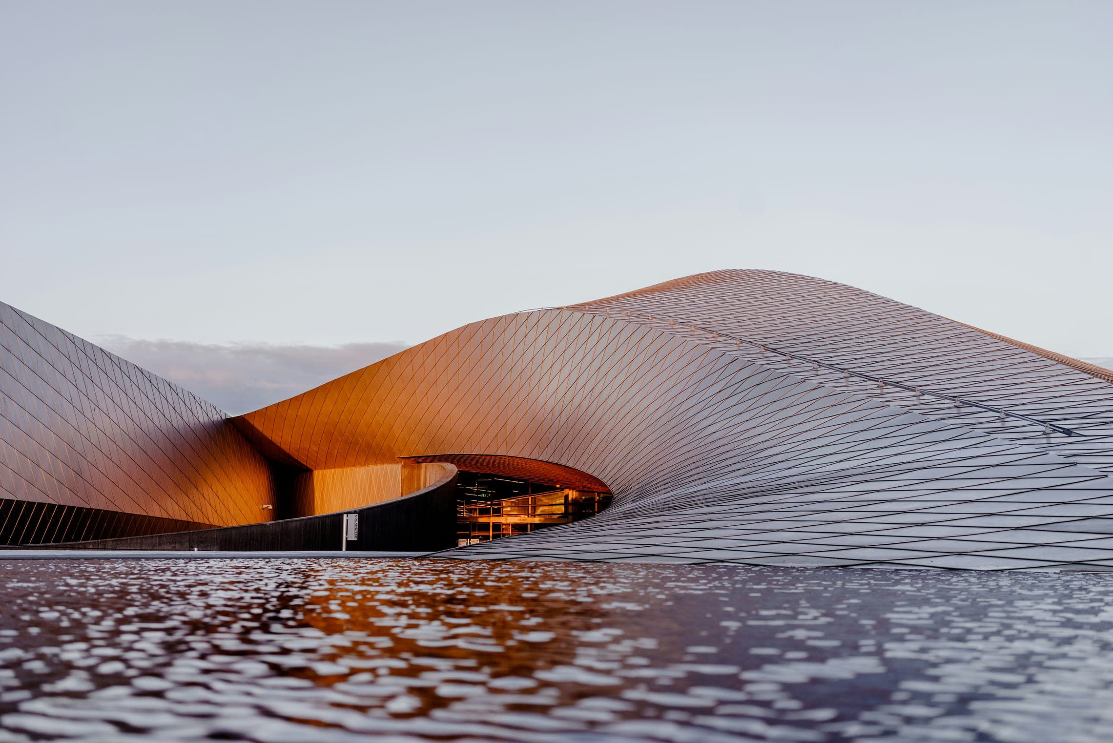 Curving building clad in metal shingles beside a reflecting pool in soft evening light.