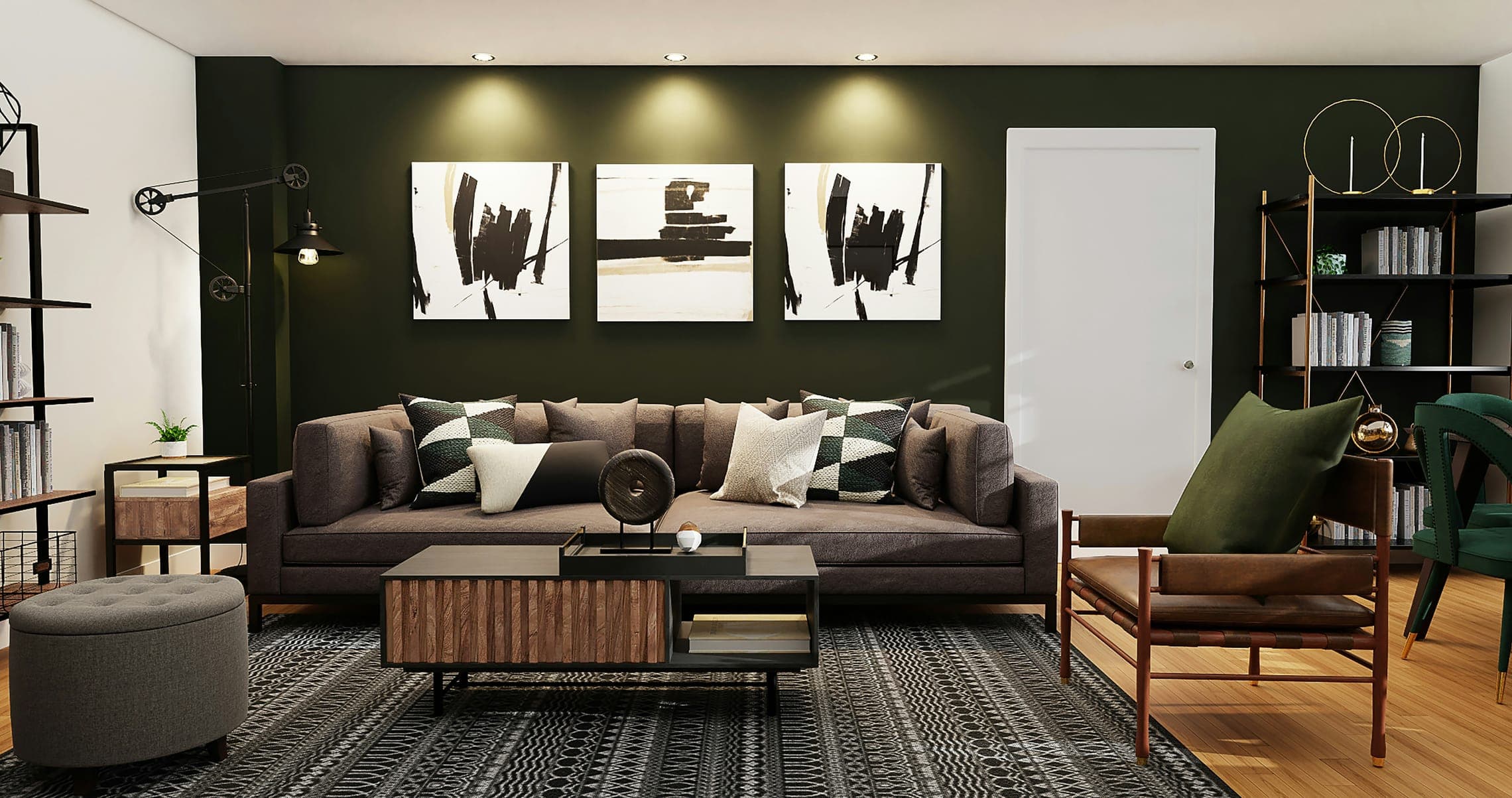 Living room with dark green wall, grey sofa, three abstract prints and patterned rug.