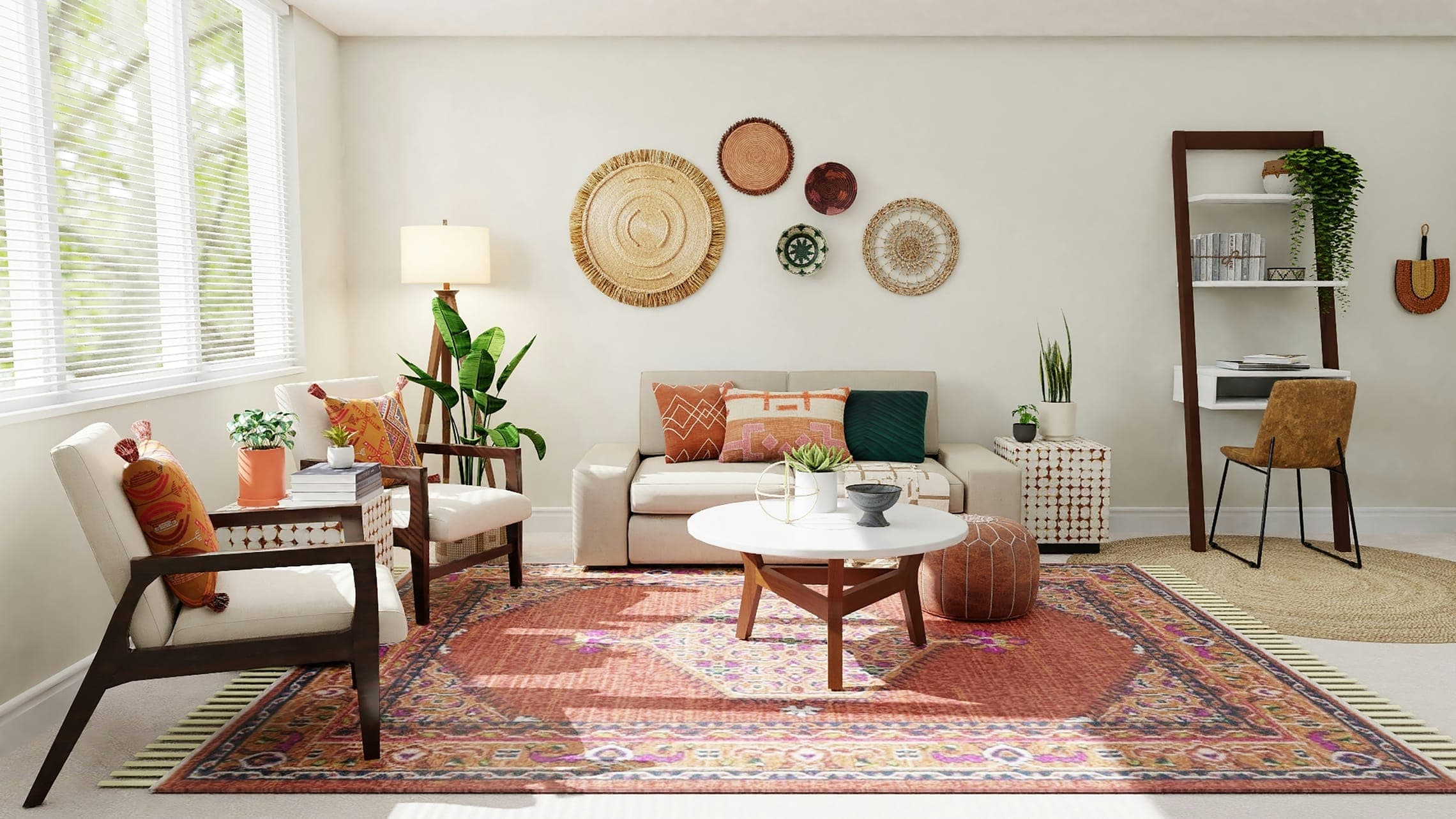 Bright living room with woven wall baskets, cream sofa, red patterned rug and plants.