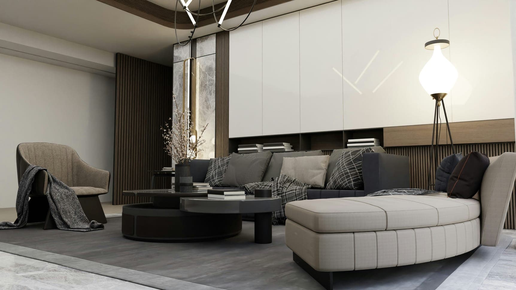 Living room with curved cream sofa, dark sectional, round coffee tables and glowing floor lamp.