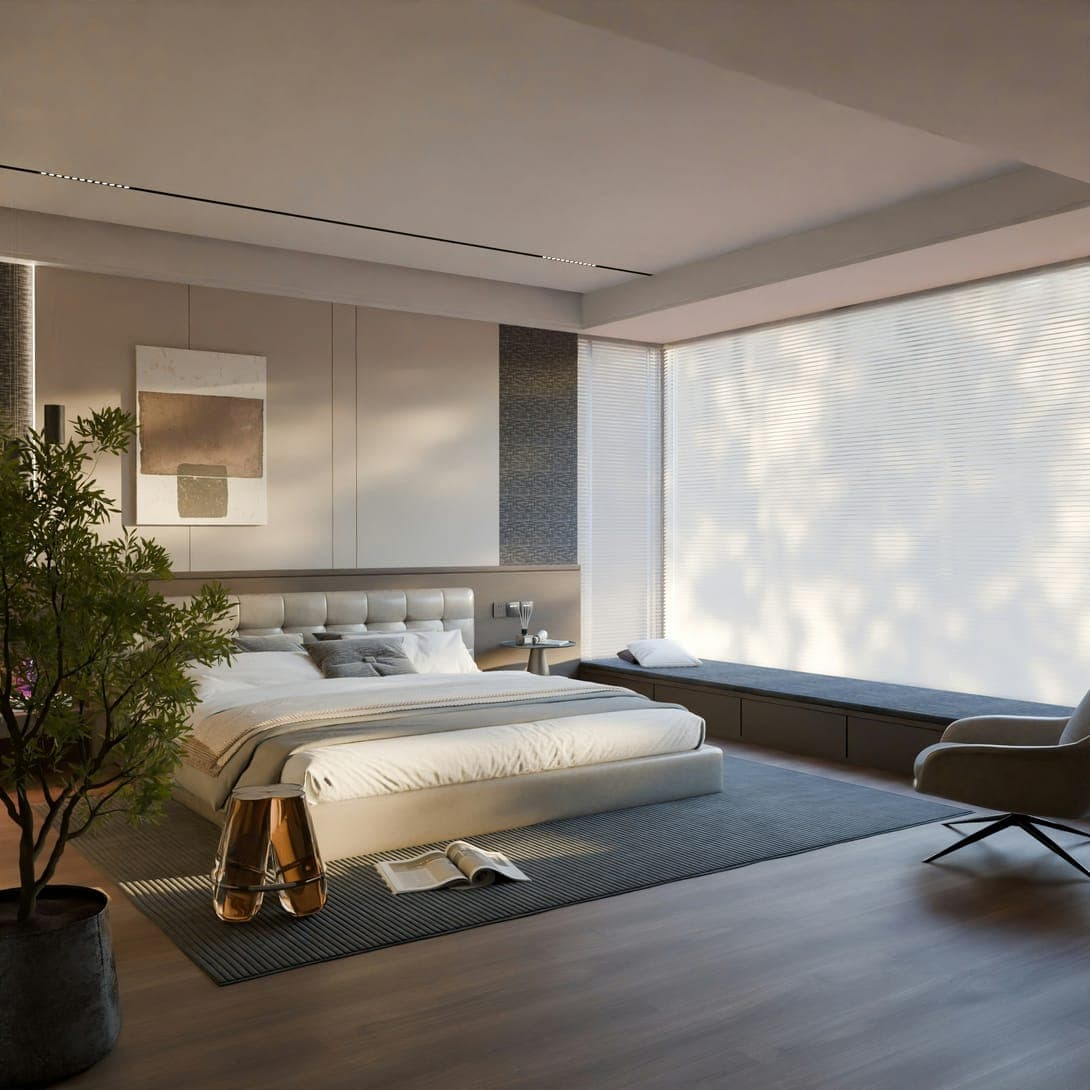 Calm bedroom with low upholstered bed, window seat, blinds, potted tree and warm sunlight.