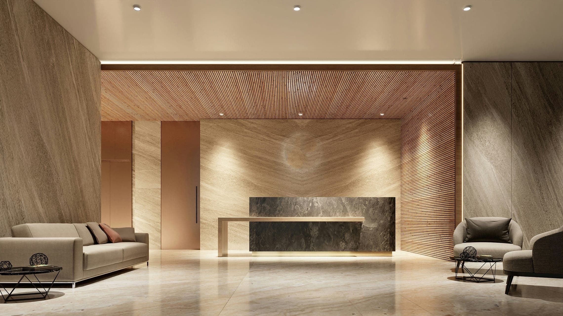 Reception lobby with stone desk, slatted timber ceiling, veined stone walls and lounge seating.