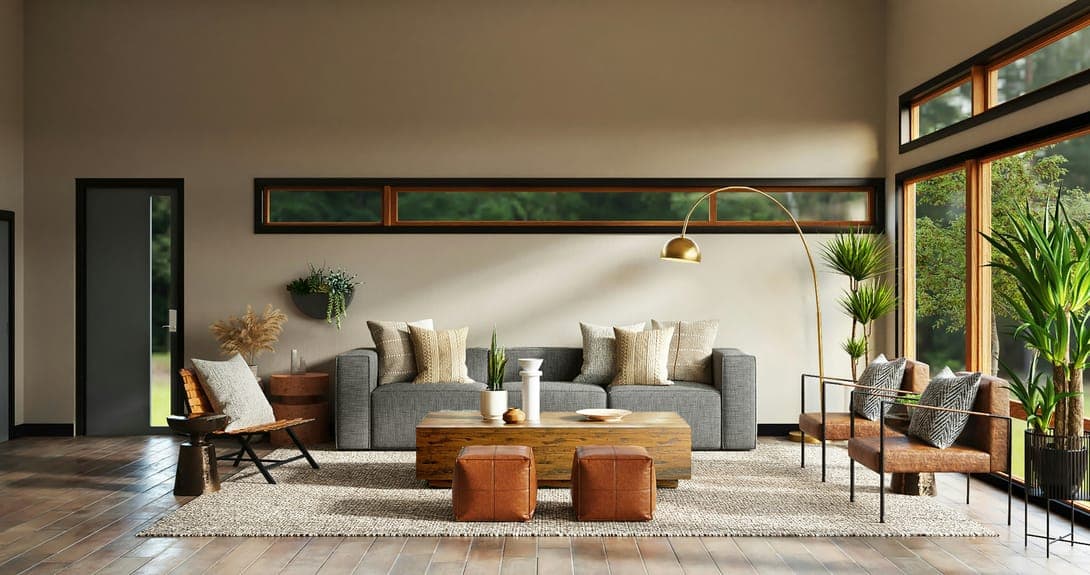 Living room with grey sofa, wooden coffee table, leather ottomans, arc lamp and tall windows.