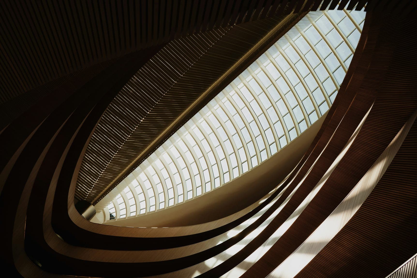 Looking up through curved timber balconies to a ribbed oval glass skylight.